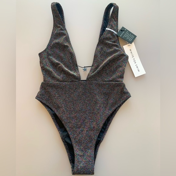 NWT White Fox Boutique High Leg One Piece Swimsuit in Rainbow Lurex | Medium - Picture 2 of 5